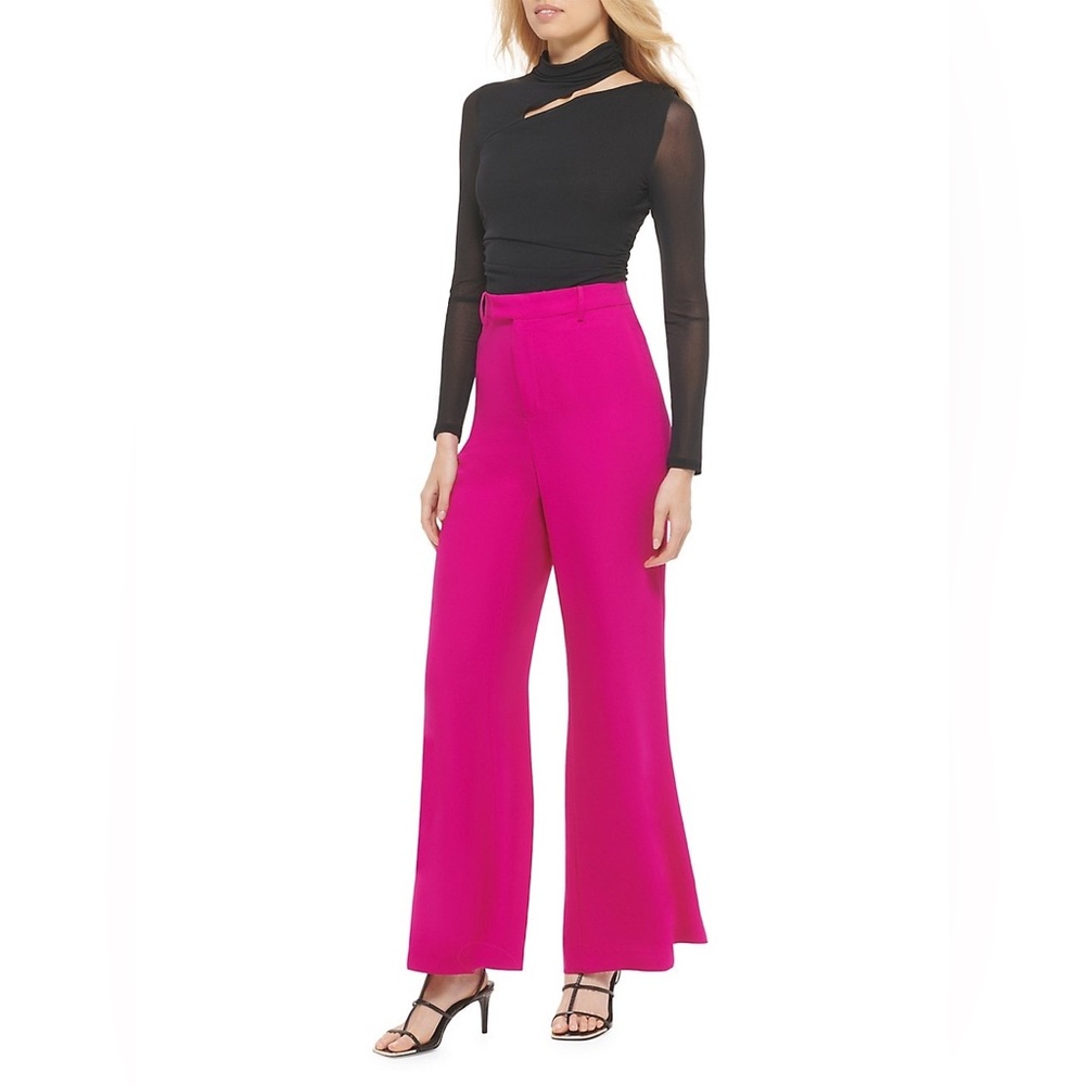 DKNY Satin Back Crepe Wide-Leg Pants- Electric Fuchsia - Size 12
